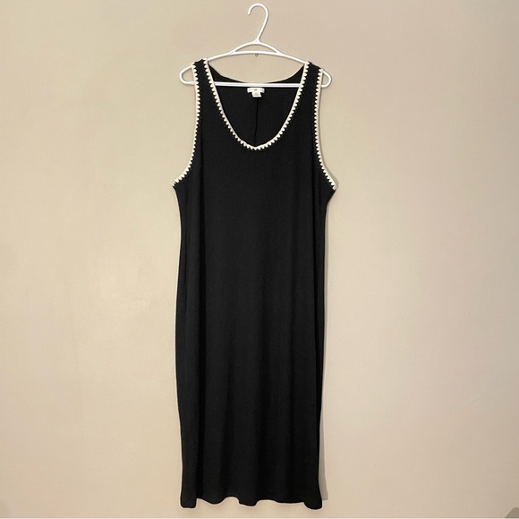 H&M Black Ribbed Midi Dress w Cream & Black Scalloped Crotchet Trim - Picture 2 of 16